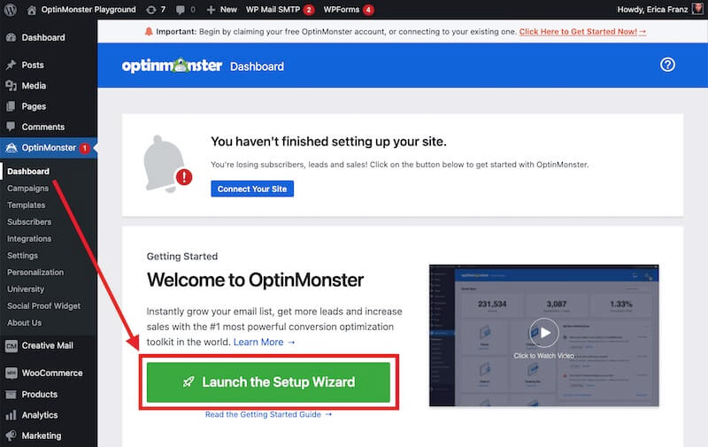 OptinMonster launch setup wizard