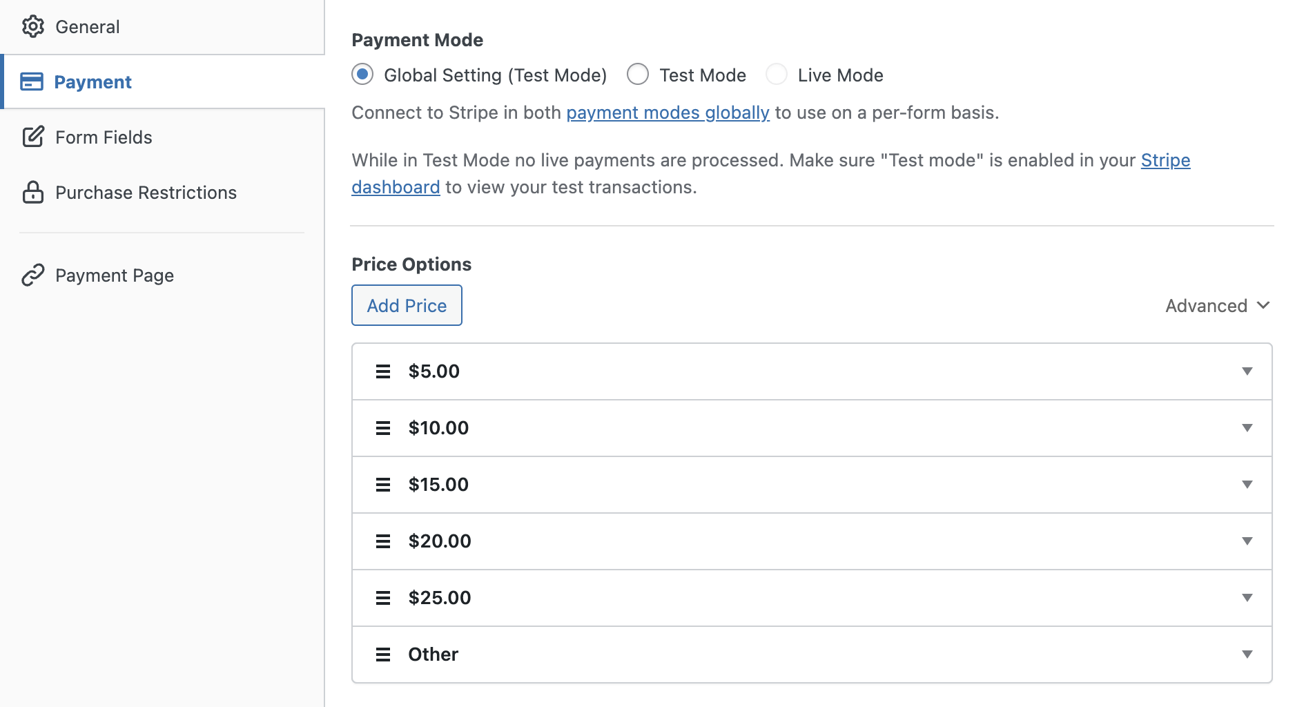 Donation form payment settings