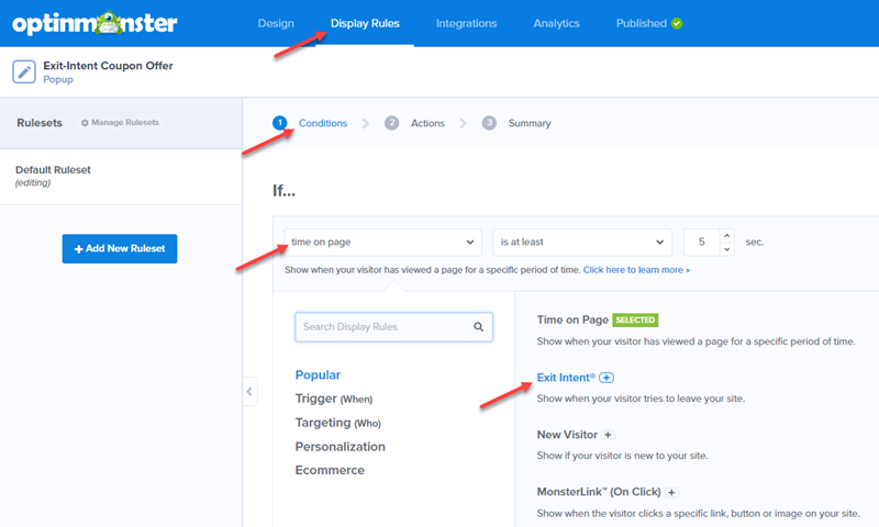 OptinMonster display rules > conditions > exit-intent