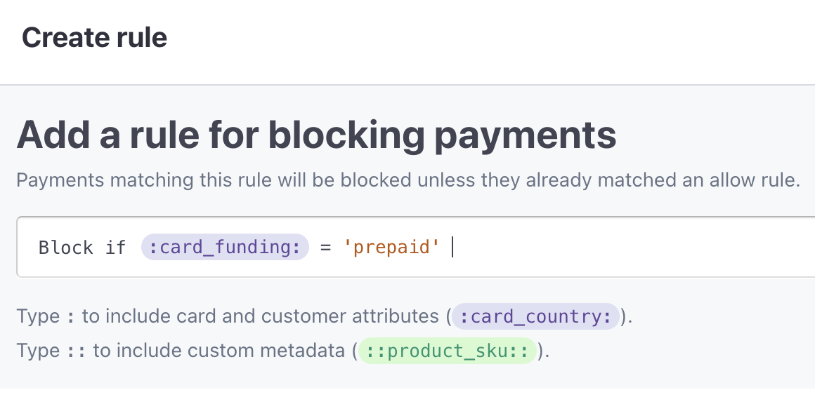 Stripe radar rule to block prepaid credit cards