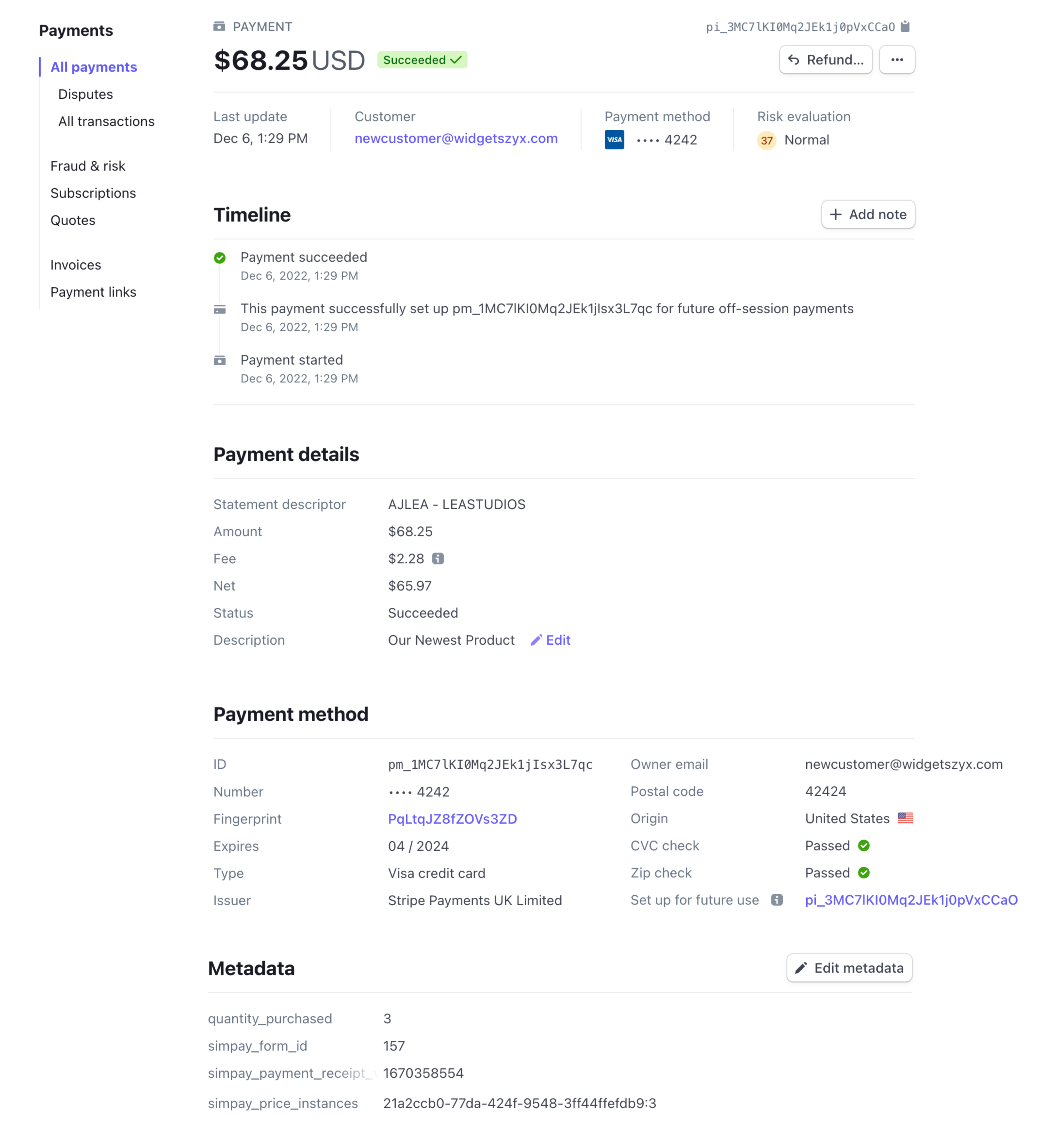 Payment record in the Stripe dashboard