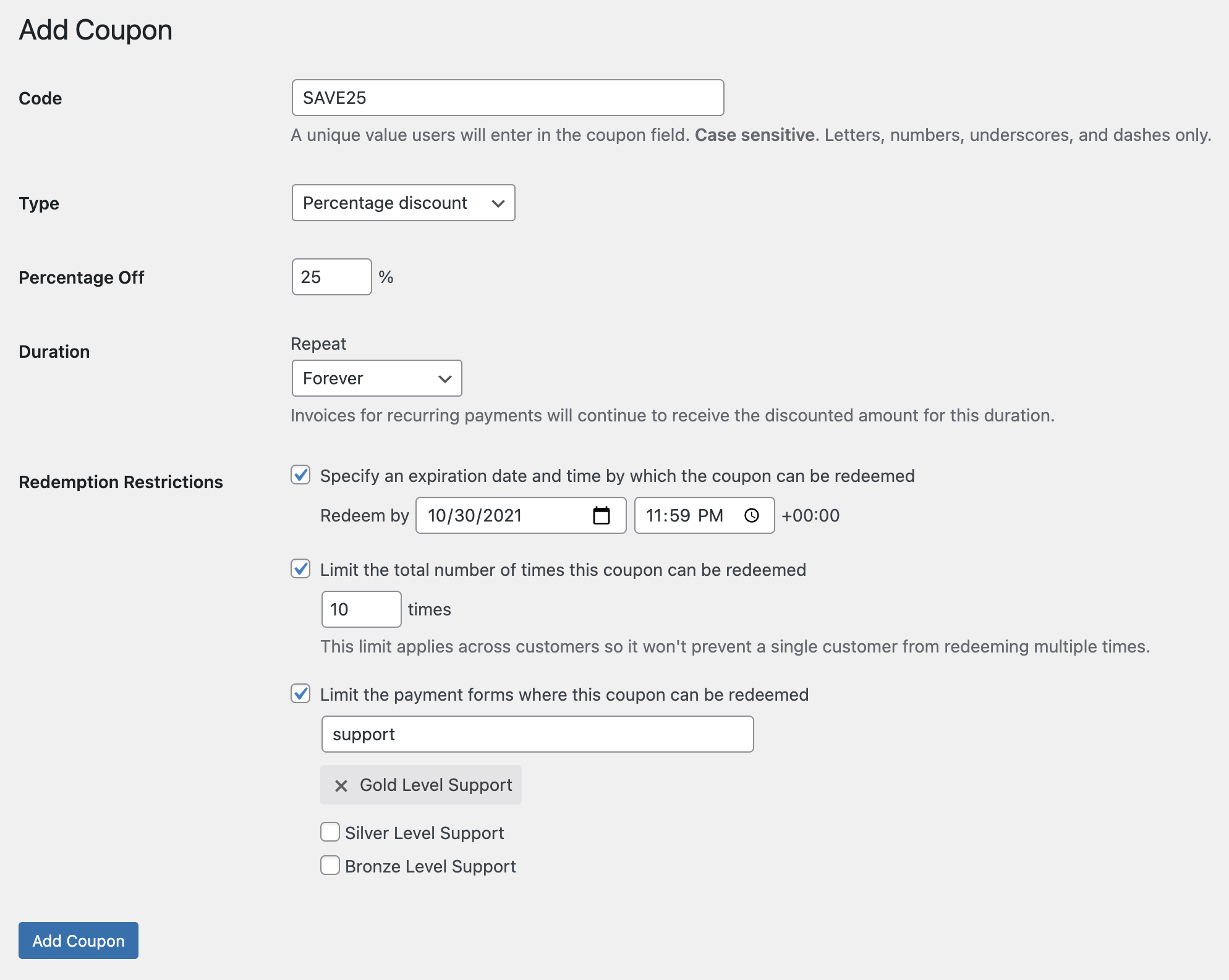 WP Simple Pay coupon configuration